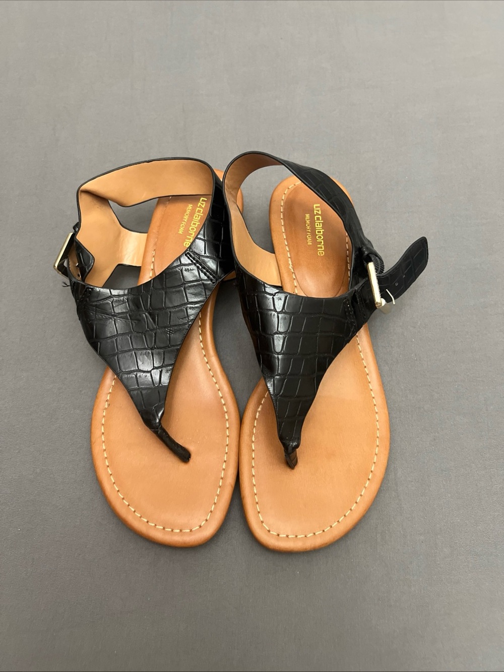 Liz Claiborne Black Croc-Embossed T-Strap Sandals with Tan Footbed